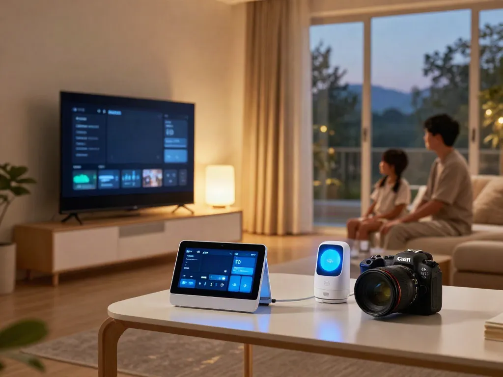 Smart home living room showcasing smart audio systems and integrated technology enhancing family moments.