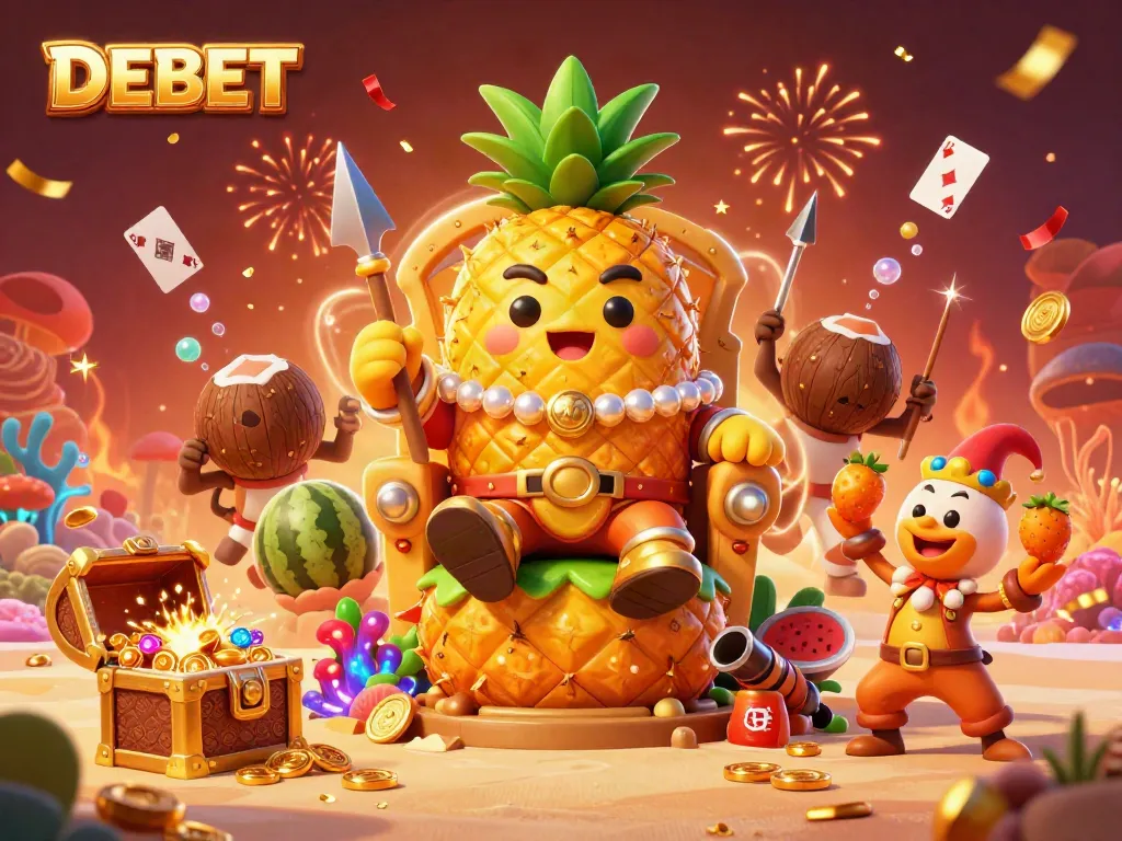 Experience the vibrant world of DEBET with a golden pineapple king at a lively beach casino.