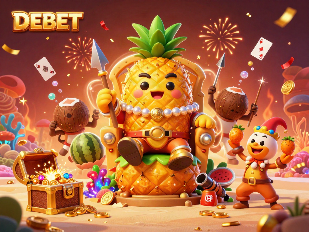 Experience the vibrant world of DEBET with a golden pineapple king at a lively beach casino.