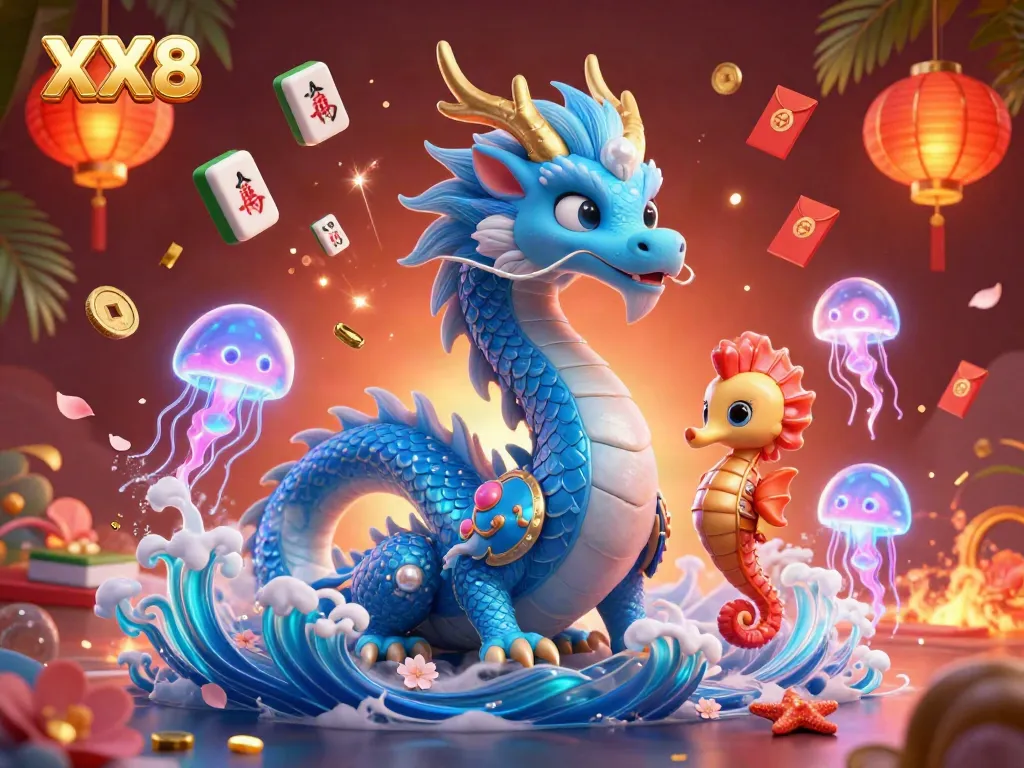 Experience engaging games with the vibrant XX8 platform featuring a playful azure dragon and seahorse knight in a dynamic casino environment.