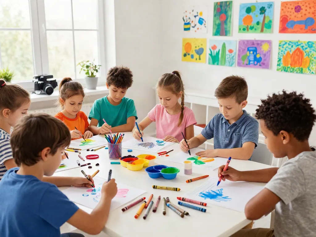 Children using different crayon types from a crayon supplier, creating vibrant art in a lively classroom.
