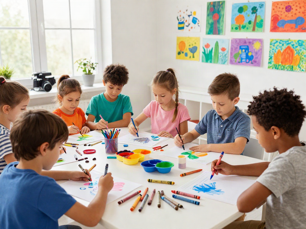 Children using different crayon types from a crayon supplier, creating vibrant art in a lively classroom.