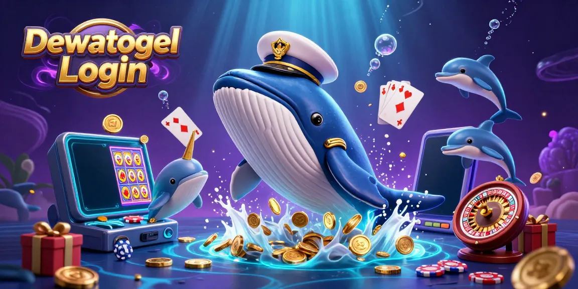 Dewatogel Login: Engage with an exciting scene of cartoon characters immersed in a vibrant casino-themed underwater world.