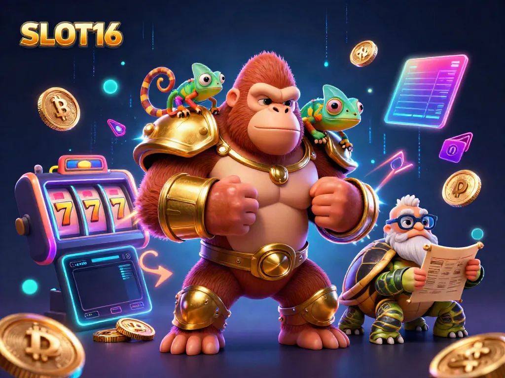 SLOT16 presents a vibrant 3D scene of a gorilla king and friends amidst spinning slot reels and glowing crypto coins.