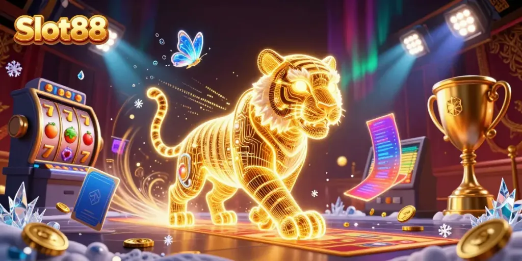 Experience Slot88 with vibrant 3D casino scene featuring a golden tiger and dynamic slot reels.