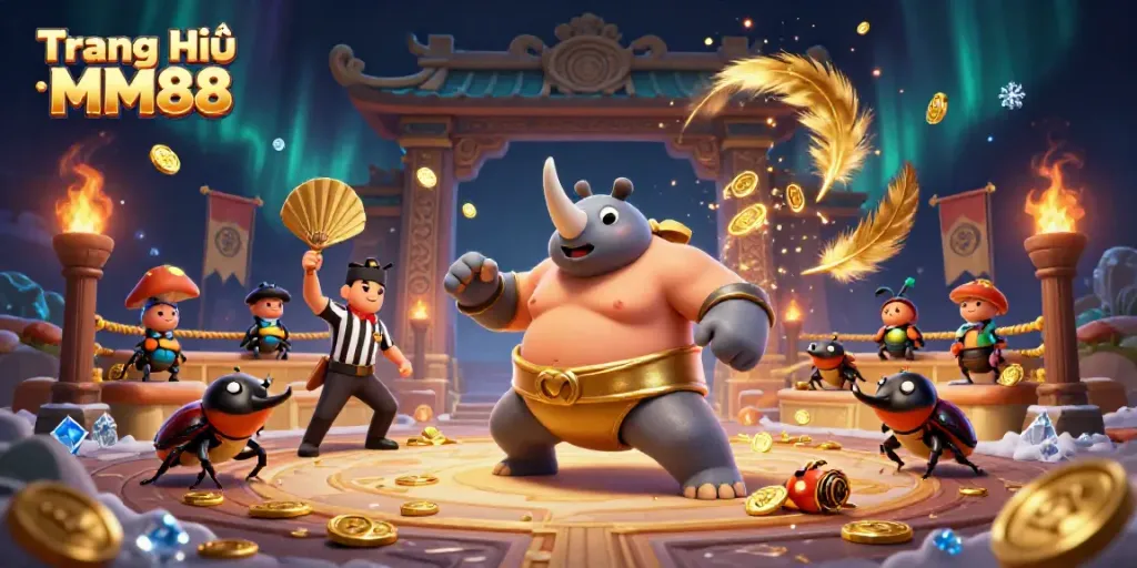 Experience the thrilling action at Trang Chủ MM88 with a champion beetle and cricket referee in an animated casino scene.