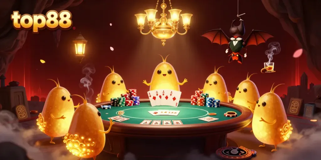 Experience the vibrant action at top88 casino, illuminated by glowworms and a bat dealer amidst poker excitement.