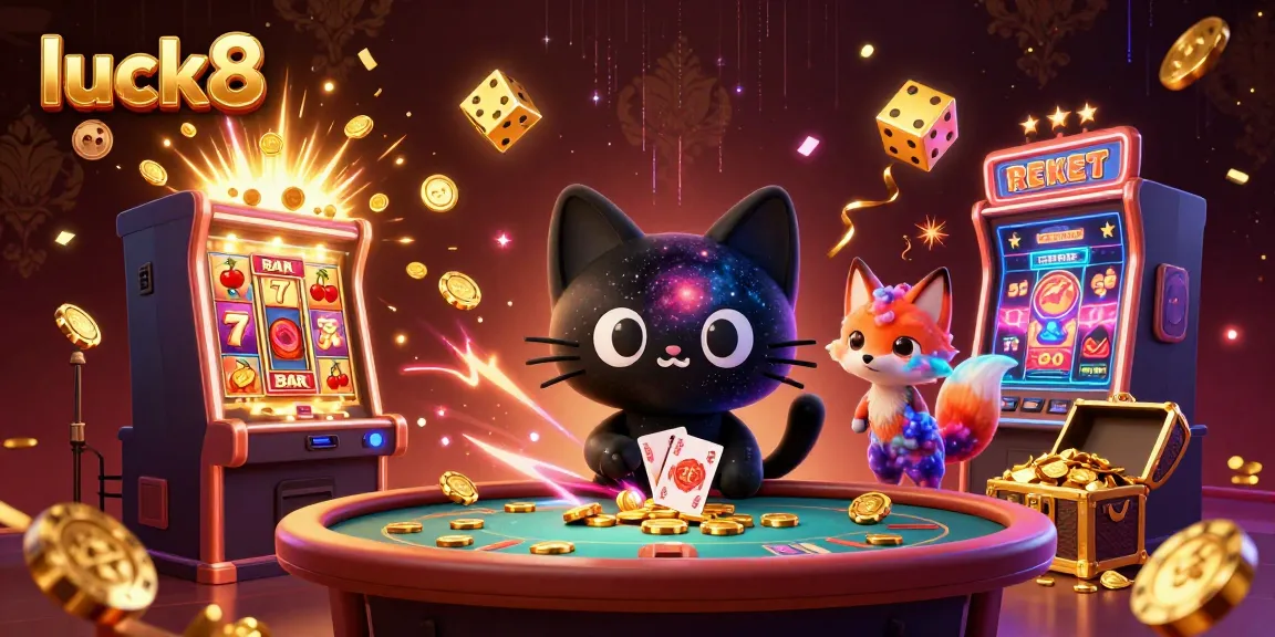 Experience luck8 at this vibrant cosmic casino where a black hole cat attracts golden chips and cards.