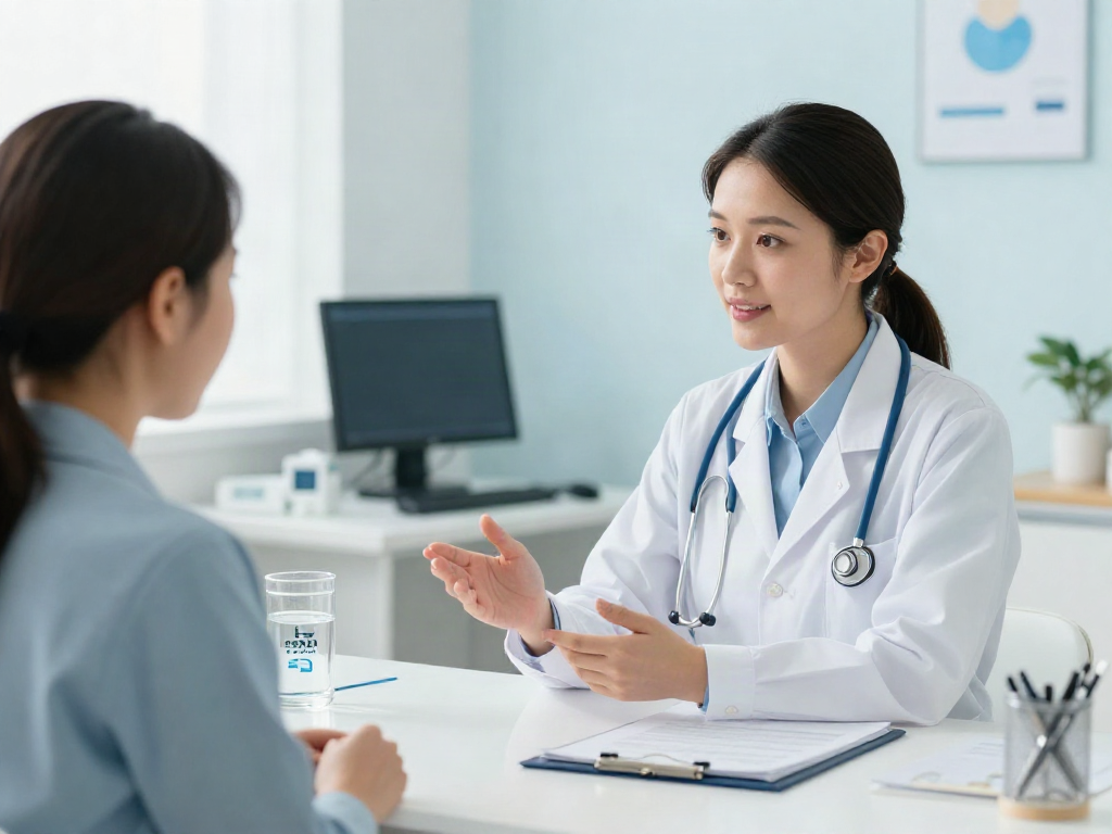 KLOW peptide therapy consultation at a health clinic with a doctor discussing treatment options.