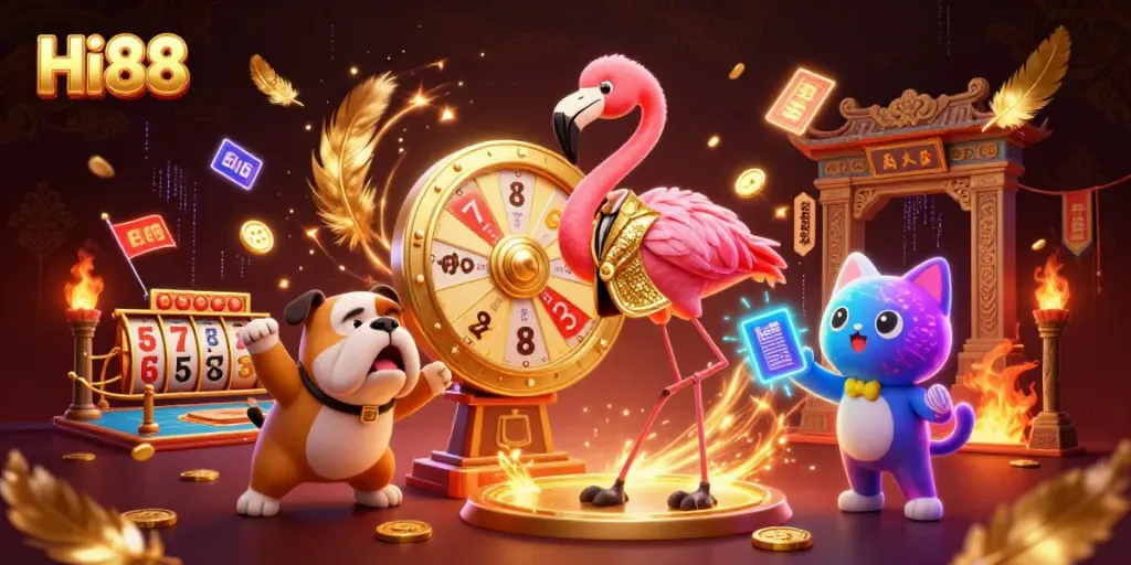 Experience thrilling casino action with Hi88's lively game show scene featuring a flamingo host and excited bulldog contestant.
