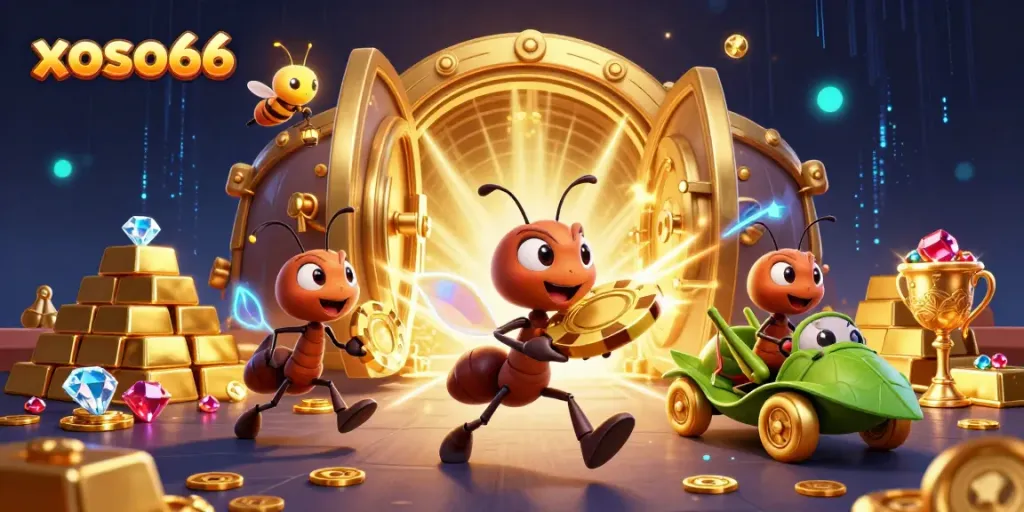 Engage in thrilling action at xoso66 with cartoon ants running a heist for golden poker chips.