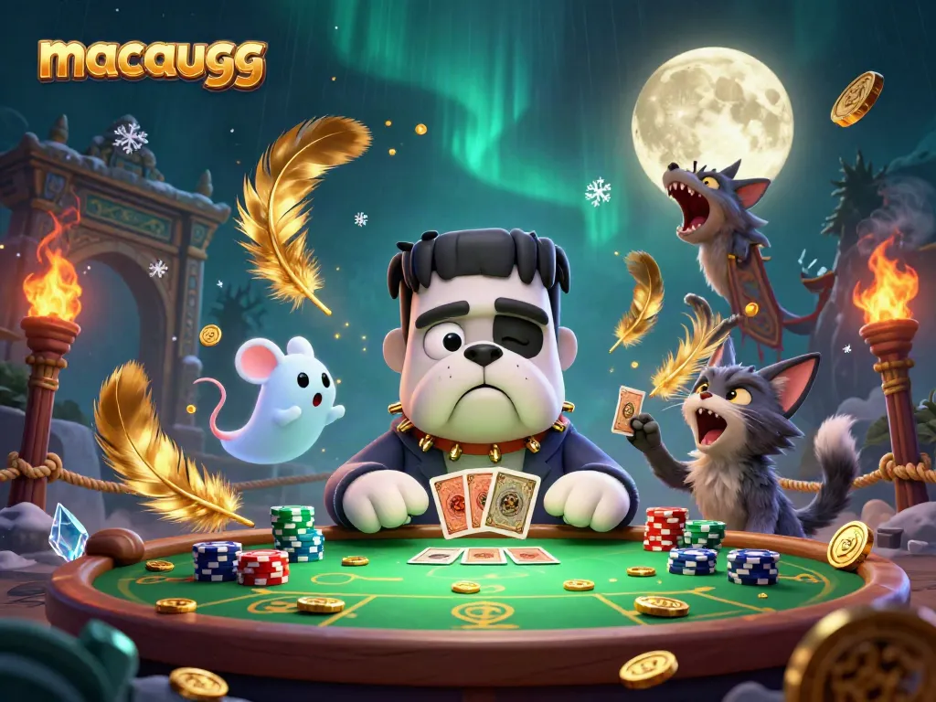 Experience macaugg's dynamic casino scene as a bulldog dealer shuffles cards surrounded by a festive atmosphere.
