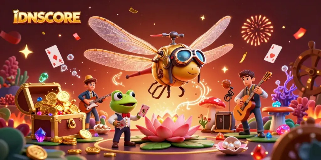 Experience thrilling casino action with IDNSCORE as a dragonfly pilot hovers over vibrant gambling elements.