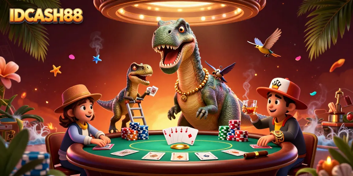 Experience the excitement of IDCASH88 with vibrant poker action featuring a cartoon brontosaurus and clever raptor.