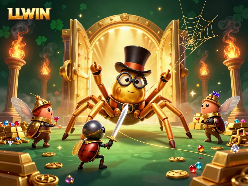 Experience luck and adventure with LLWIN as a golden tarantula weaves riches in a vibrant casino scene.