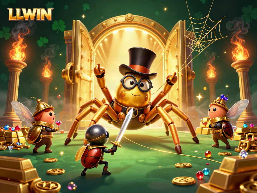 Experience luck and adventure with LLWIN as a golden tarantula weaves riches in a vibrant casino scene.