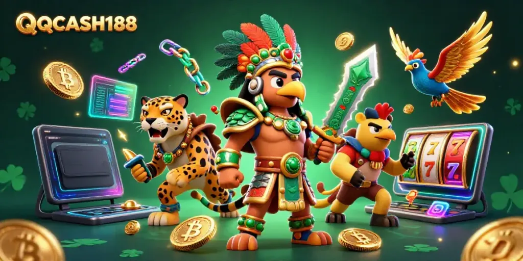 Engage in gaming excitement at QQCASH188 with Aztec warriors amid slot reels and dazzling crypto coins