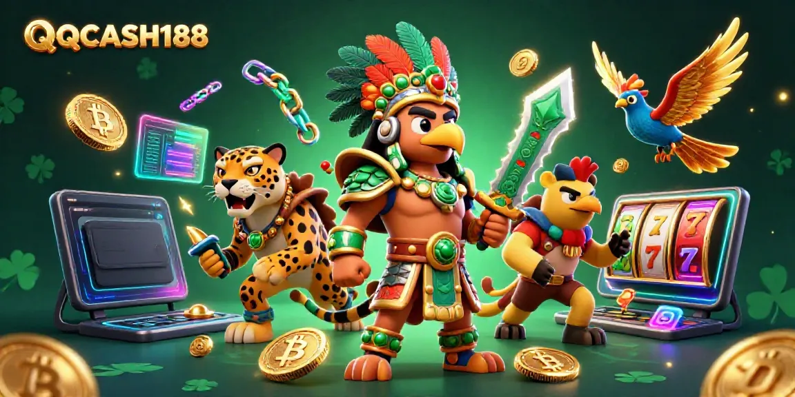 Engage in gaming excitement at QQCASH188 with Aztec warriors amid slot reels and dazzling crypto coins