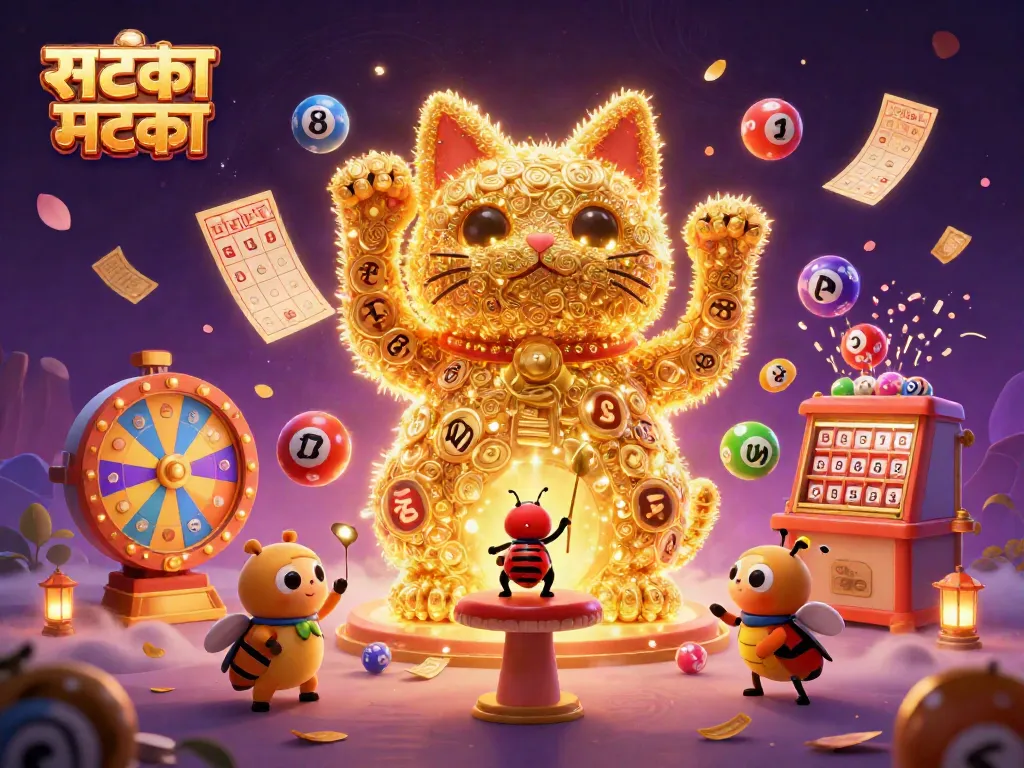 सटका मटका के लिए अद्भुत 3D डिजिटल चित्रण, जिसमें रंगीन लॉटरी बॉल्स और गोल्डन लकी कैट शामिल हैं।