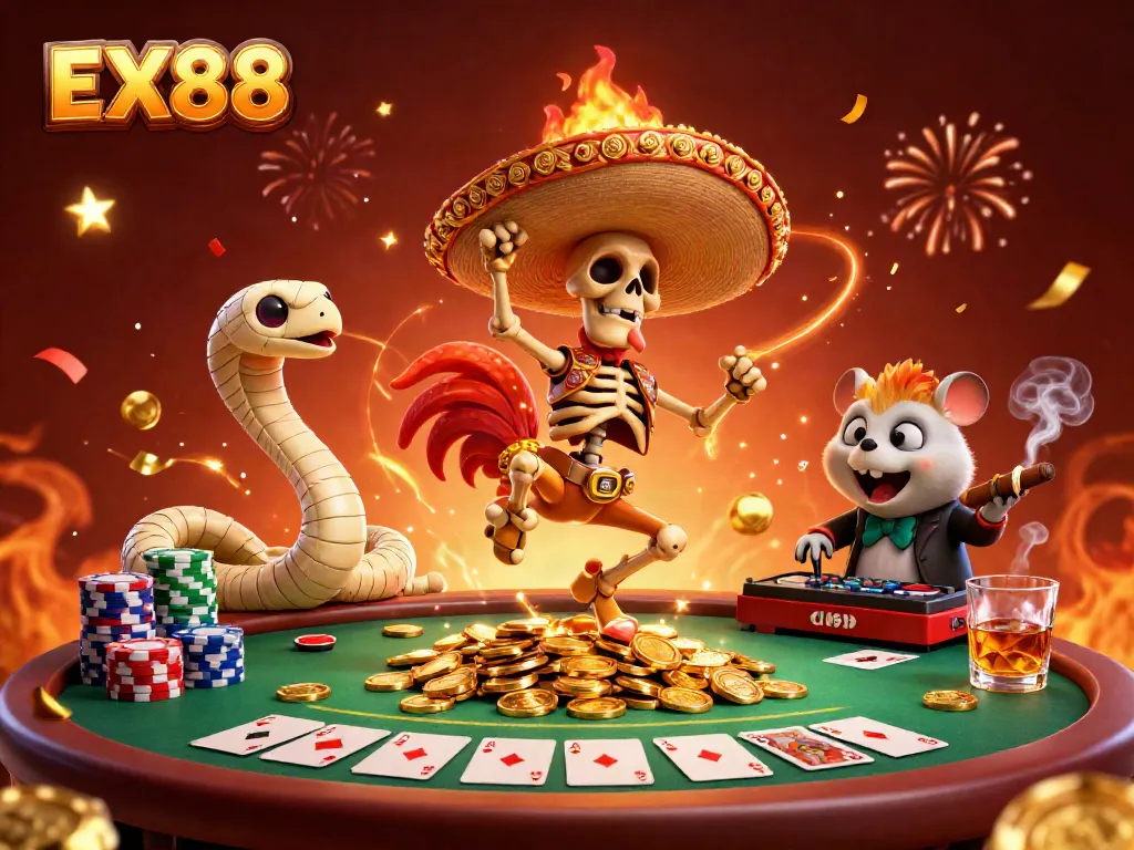 Experience the excitement of EX88 with a vibrant 3D cartoon casino scene featuring dynamic characters and poker action.