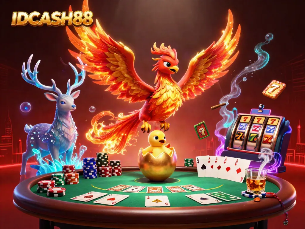 IDCASH88 offers thrilling gaming experiences featuring a phoenix and poker elements in a vibrant casino scene.
