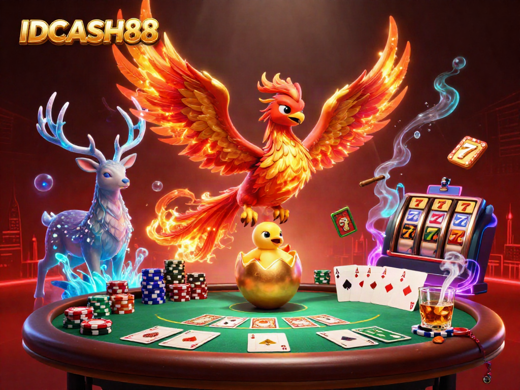 IDCASH88 offers thrilling gaming experiences featuring a phoenix and poker elements in a vibrant casino scene.
