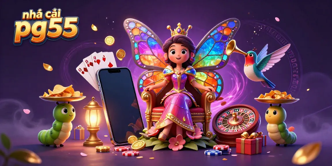 Engage in exciting gameplay with nhà cái pg55 illustrated through a vibrant 3D scene full of casino elements.