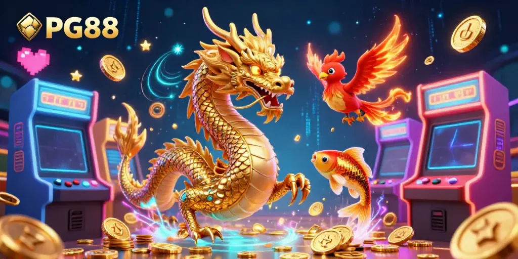 Experience vibrant gaming with PG88, featuring a golden dragon, koi fish, and arcade machines.