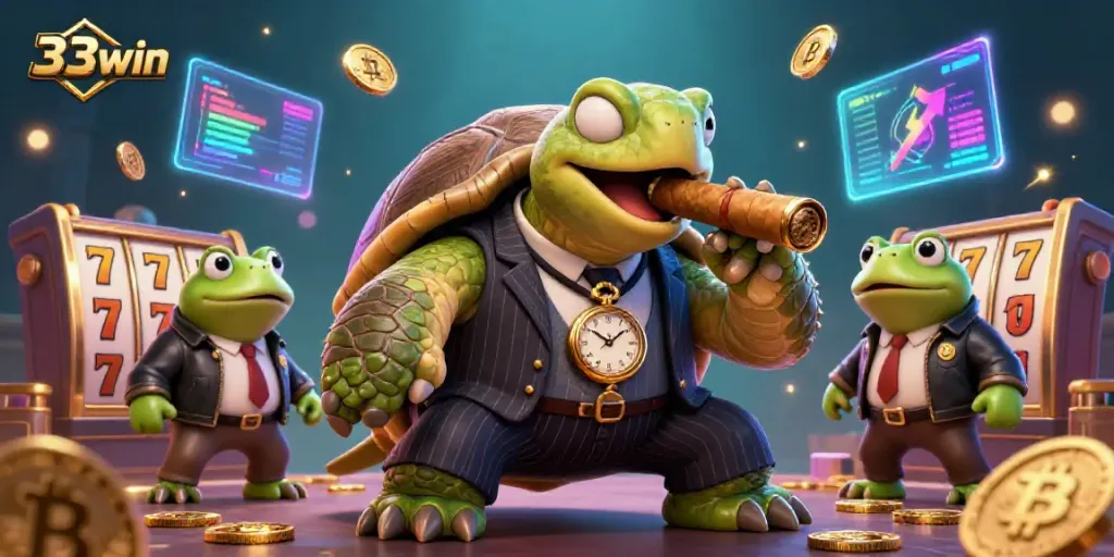 Experience the thrill of gaming with 33win, featuring a massive mobster turtle amidst vibrant casino elements.