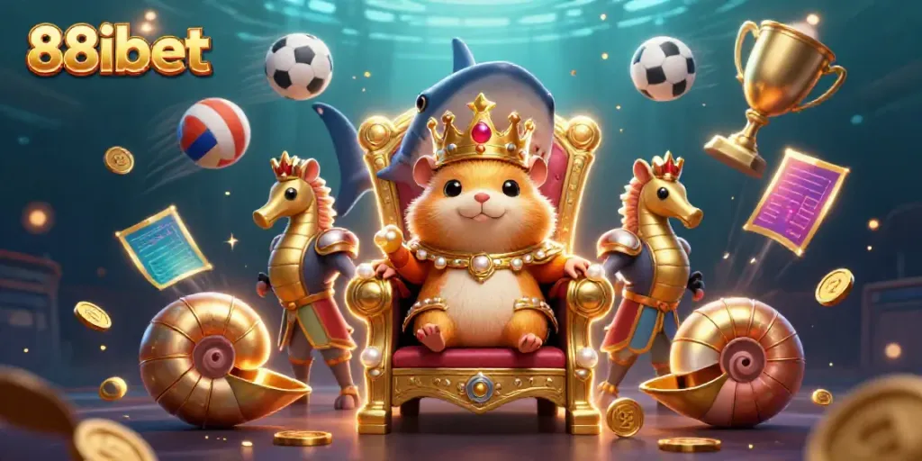 Engage in thrilling betting action with 88ibet, illustrated through dynamic sports scenes and royal characters.