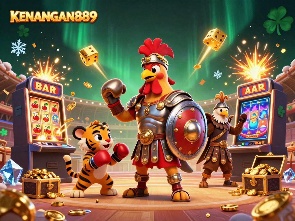 Experience KENANGAN889 with animated characters in a lively casino scene full of jackpots and excitement.