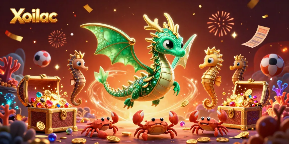Xoilac showcases a dynamic 3D sea dragon illustration amidst vibrant casino elements, enhancing the gaming experience.