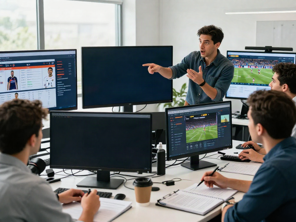 Latest football news reporting scene with journalists discussing ข่าวกีฬาฟุตบอล in an editorial setting.
