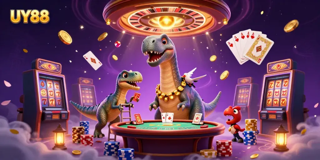Experience UY88's vibrant casino atmosphere with a playful 3D dinosaur themed illustration.