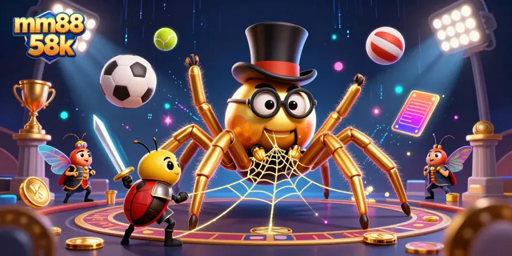Experience the excitement of mm88 58k with a golden tarantula, knight, and sports elements in a vibrant casino scene.