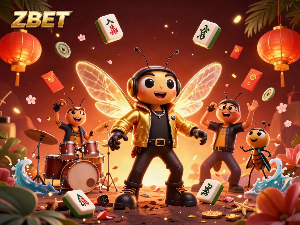 ZBET casino illustration featuring a cicada rock star and dynamic gaming elements for excitement.