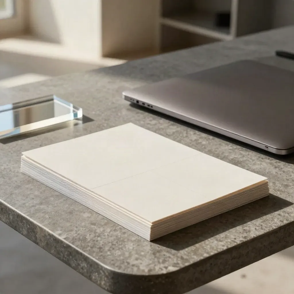 Blank homepage copy cards and a closed laptop on a stone table in soft editorial light.