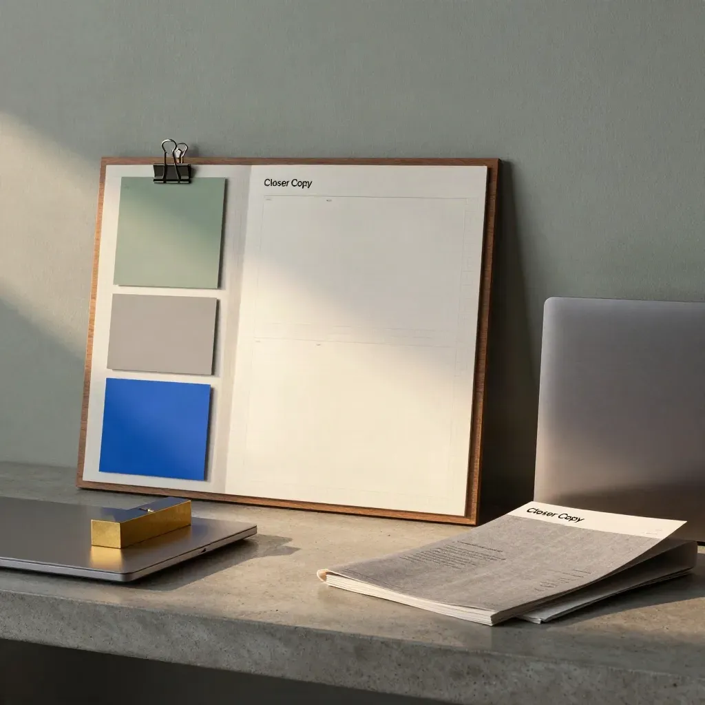 Moody copy studio tableau with proof boards, laptop, swatches and brass weight in dawn light.