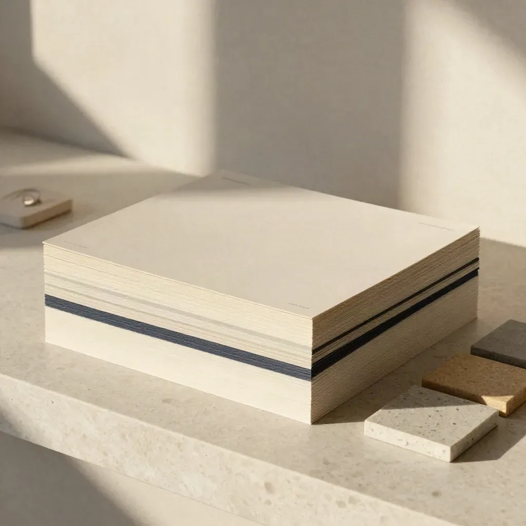 Travertine page modules, a slim timer, and matte swatches in warm window light.