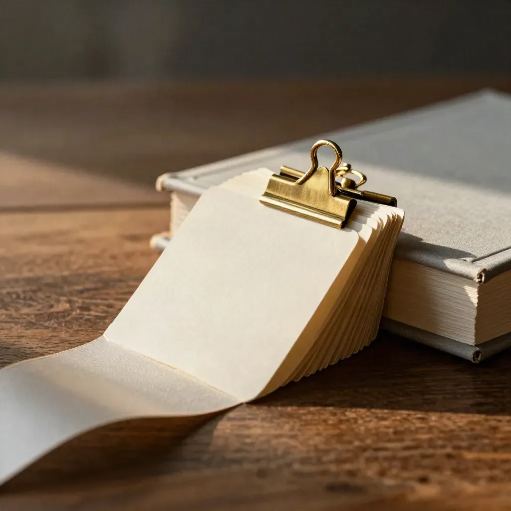 Low cinematic still life of cream proof cards, brass clip, and brief book on a dark table