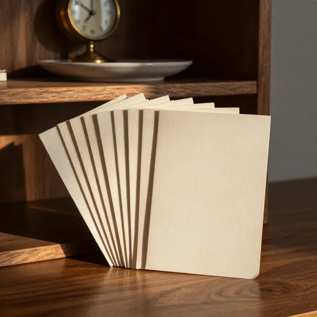 Email sequence cards on a walnut shelf with a clock and ceramic tray in warm afternoon light