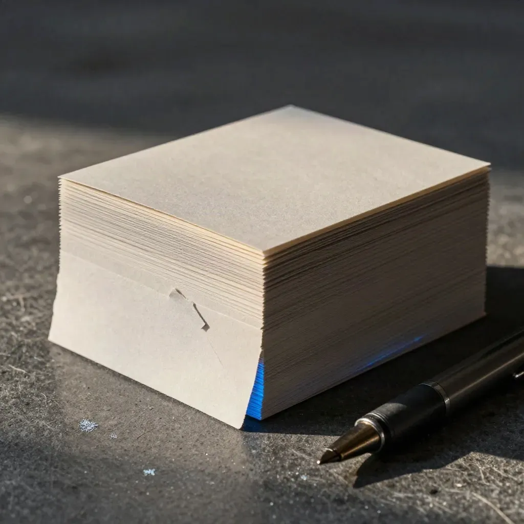 Stacked ad-copy cards with one card separating, beside a graphite pen on charcoal stone.