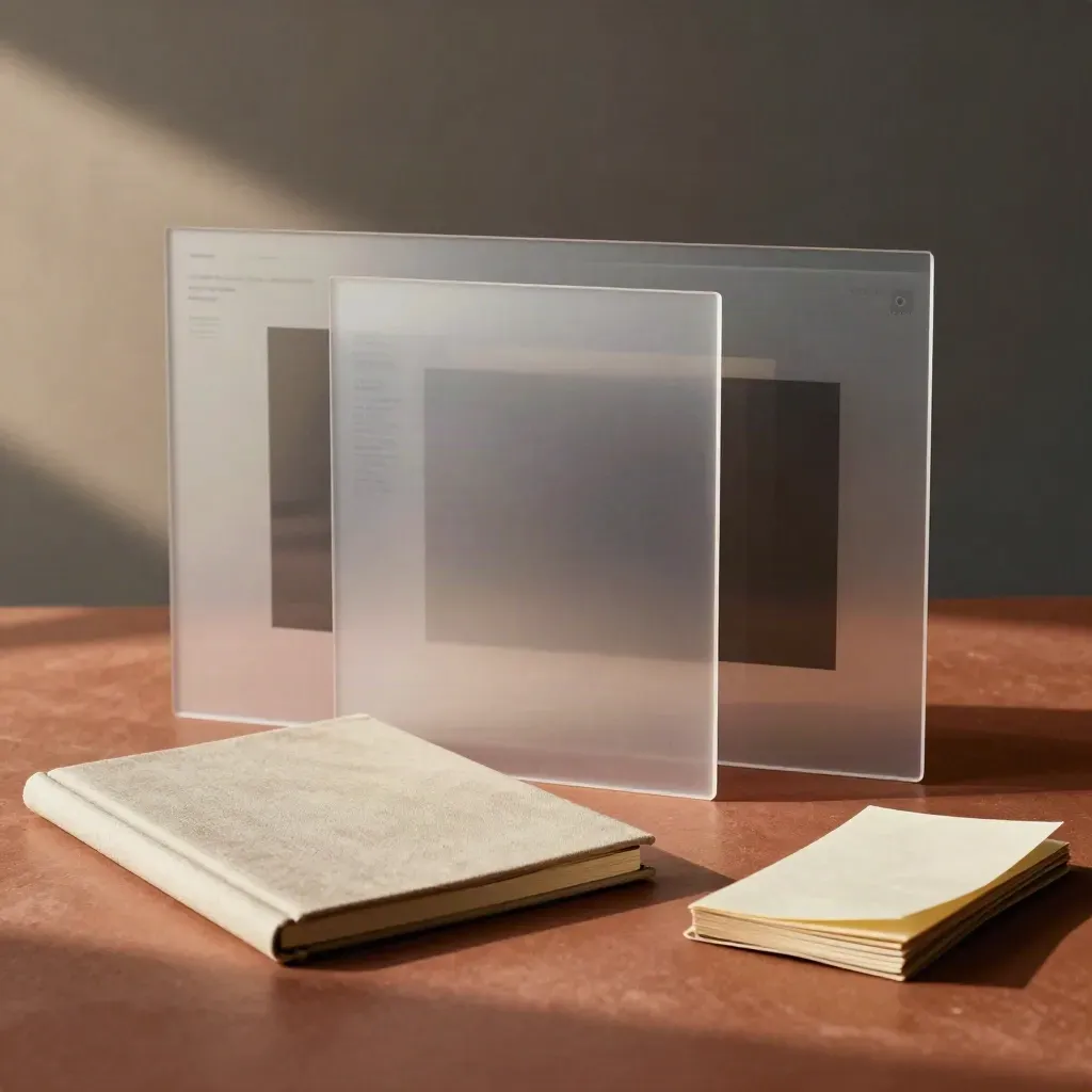 Translucent page modules slide over a closed notebook and reference bundle on a terracotta table.