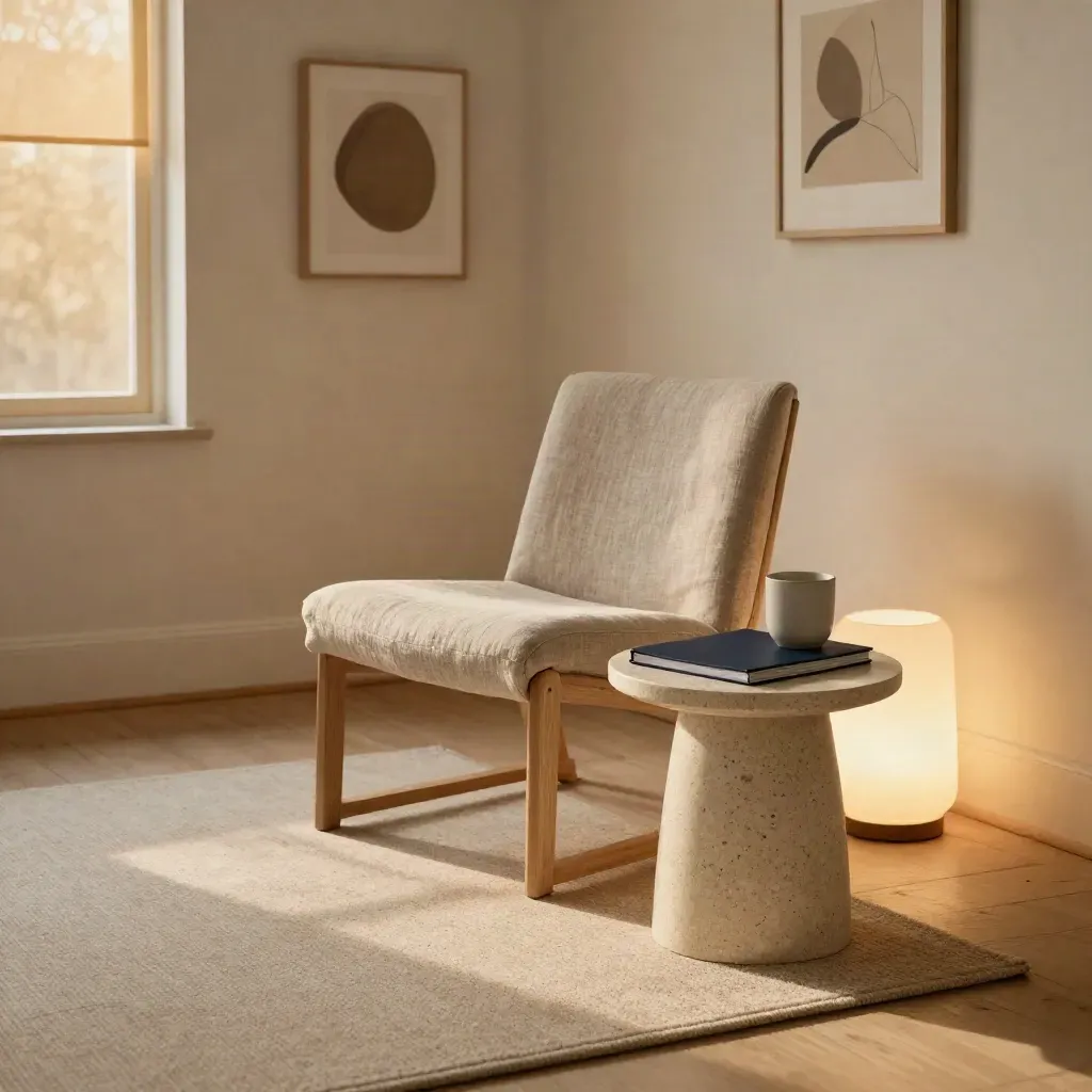 Calm coaching studio corner with chair, lamp, side table and closed folder in warm light.