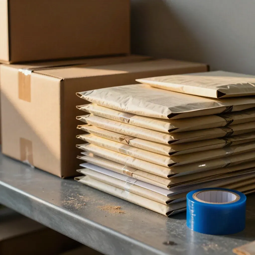 Launch shipping boxes, mailers, and inserts stacked on a packing bench in warm warehouse light.
