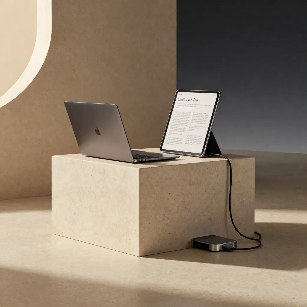 Closed laptop, turned tablet, frosted placard and tidy cable run on a stone demo pedestal.