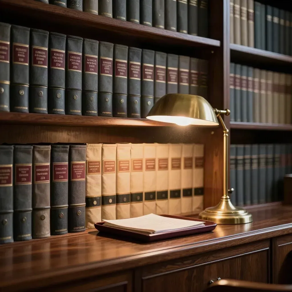 Law office shelf with case files, brass lamp, and sealed tray in warm amber light