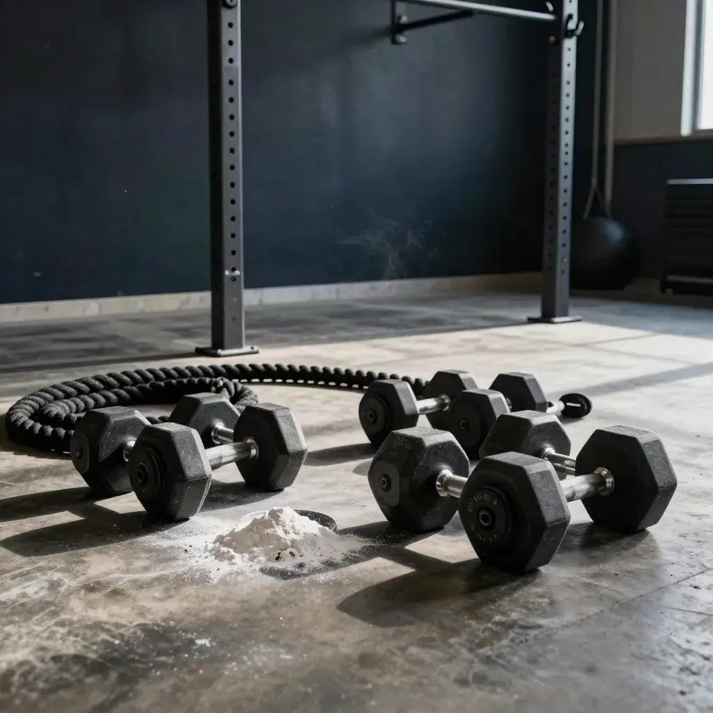 Gym floor with dumbbells, rope coils, chalk bowl, and rack in dramatic moody light
