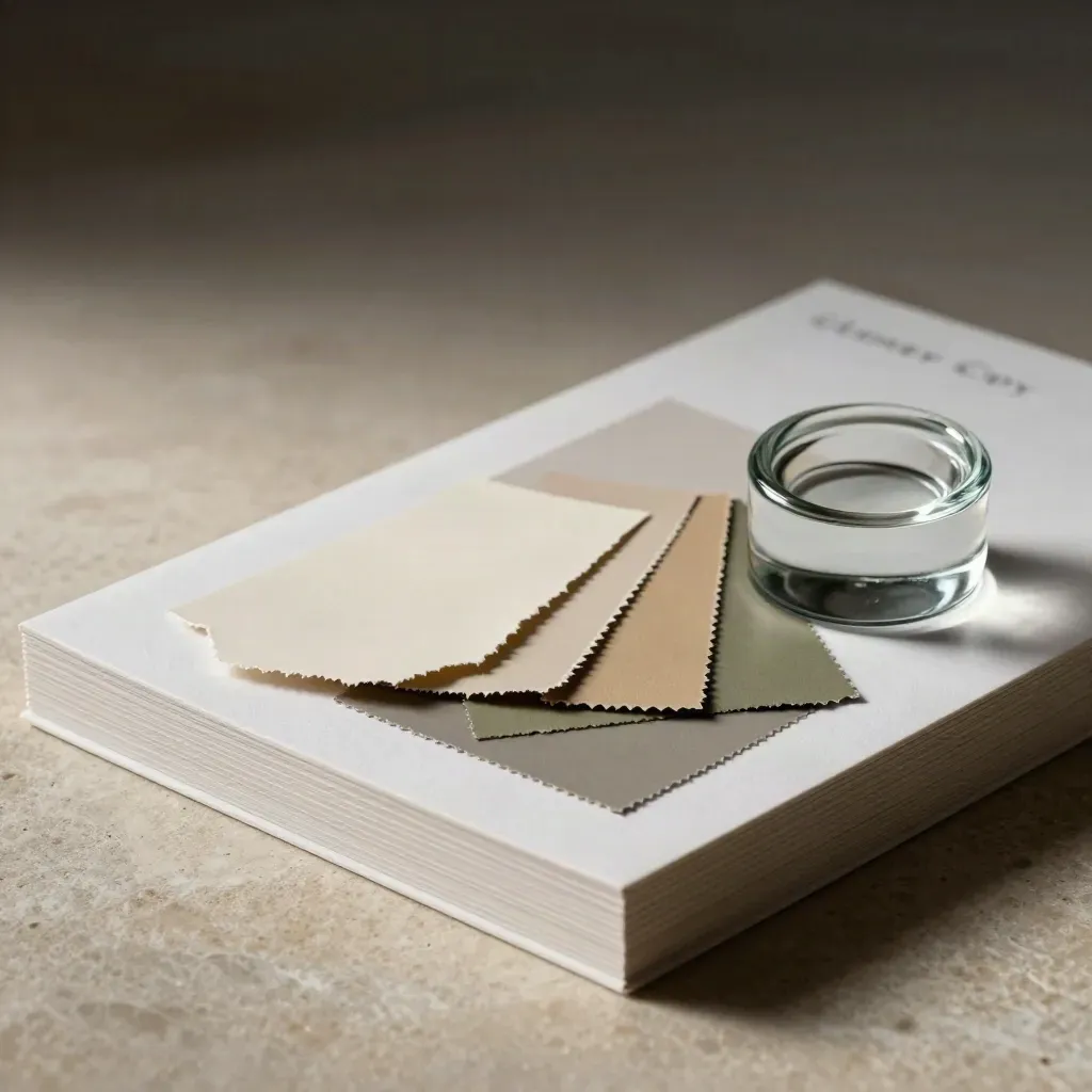 Close-up still life of swatches, paper samples, and a glass weight on a pale board.