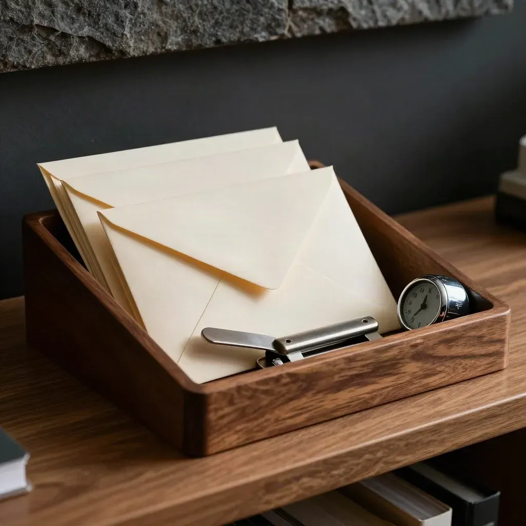 Mail tray, blank envelopes, opener and timer in dramatic studio light on a walnut shelf.